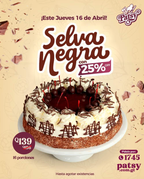 ¡Selva Negra con 25% de Descuento en Patsy! Solo Hoy Jueves - Comida a Domicilio Guatemala