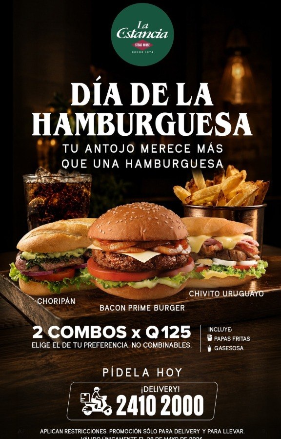 ¡Celebrá el Día de la Hamburguesa en La Estancia! 2 combos por Q125
