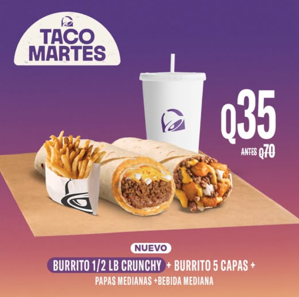 Taco Martes de Taco Bell: Burrito 1/2 Lb Crunchy y Burrito 5 Capas por Q35