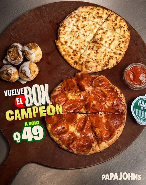 ¡Vuelve el Box Campeón de Papa John's! Pizza con salsa Garlic Dipping por solo Q49 - Comida a Domicilio Guatemala