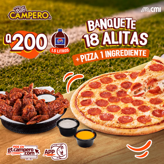 Pollo Campero: Banquete 18 Alitas + Pizza 1 Ingrediente