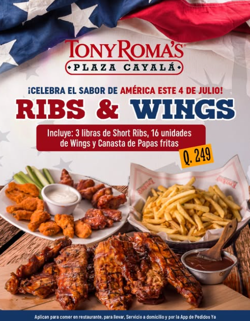 Celebra el 4 de Julio con el Combo Ribs & Wings en Tony Roma's Cayalá